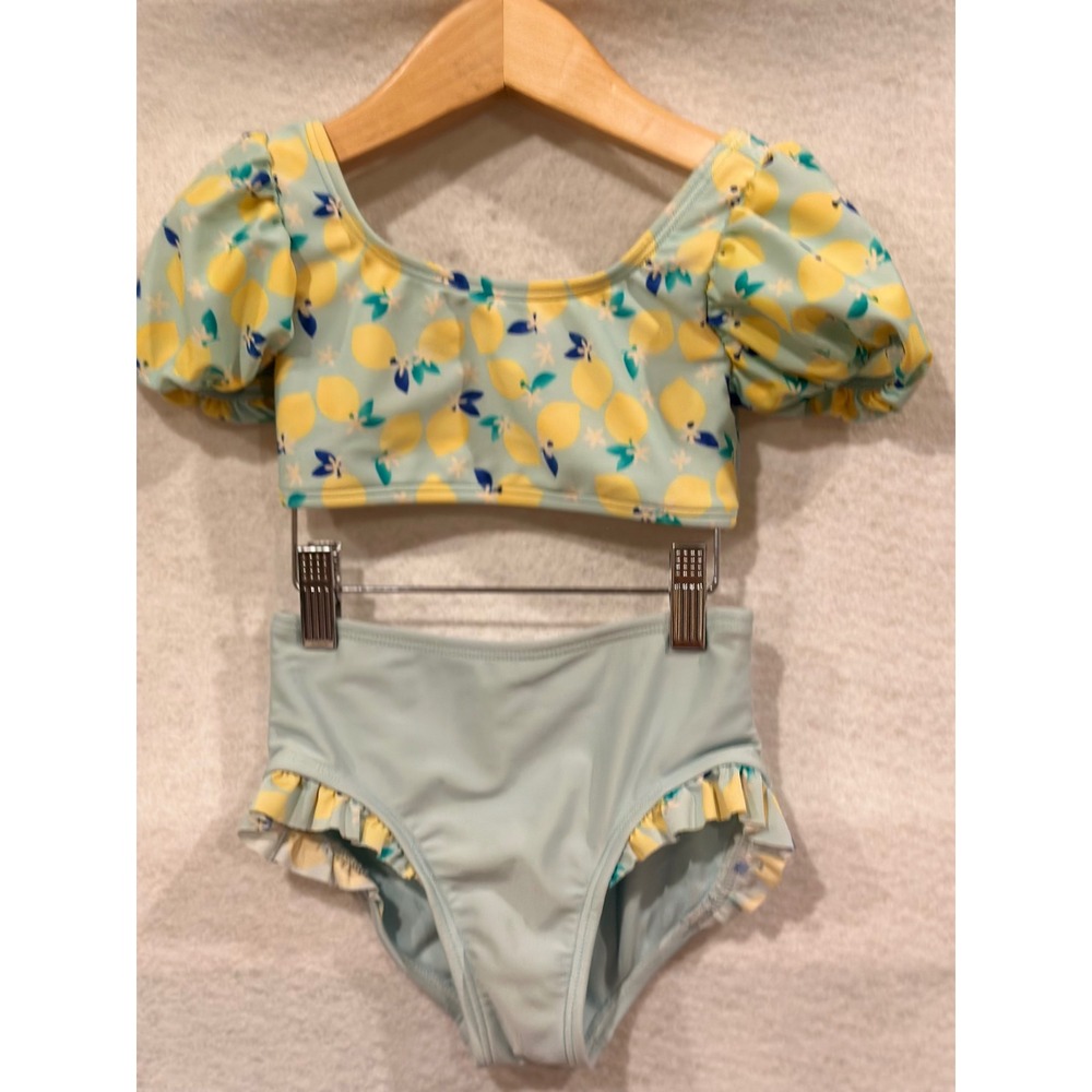 Cat & Jack Lemon Print Puff Sleeve Bikini Set Blue Yellow Two Piece xs 4/5
